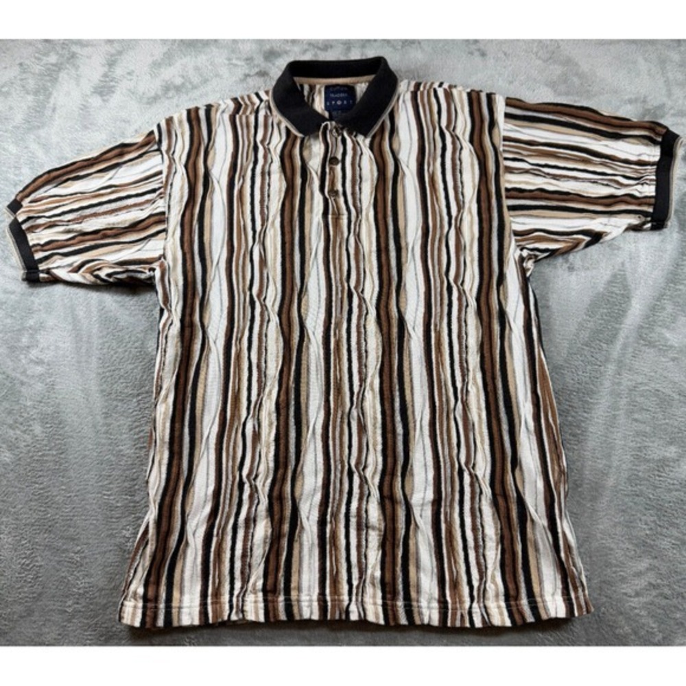 Cotton Traders Sport Polo Shirt Men‎ M Beige Striped 3D Knit Texture Vintage 90s